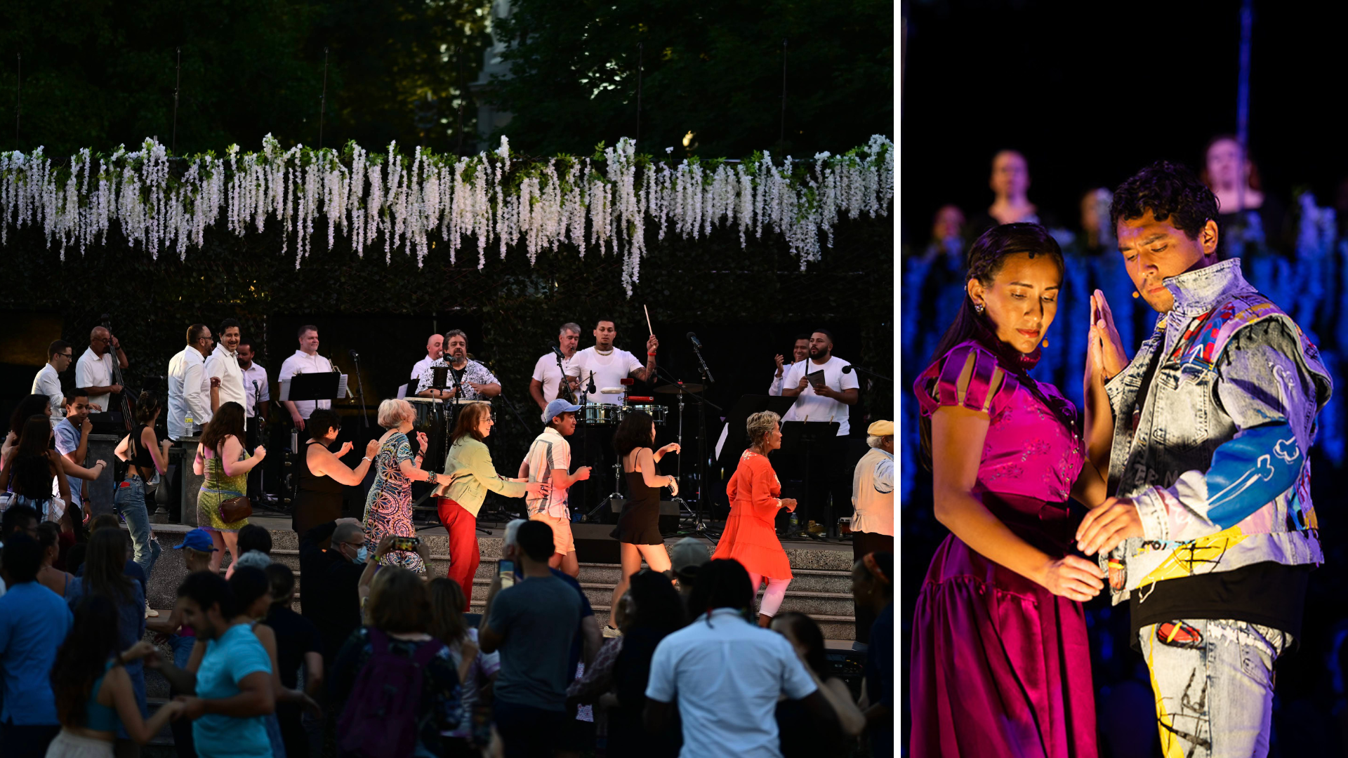 A conga line and an image of the opera Romeo and Juliet