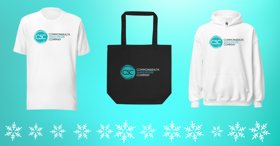 ID: Images of CSC Logo Merch, a white t-shirt, a black tote bag, and a white hooded sweatshirt, all with the CSC teal and black logo. White snowflake art border the bottom of the graphic.